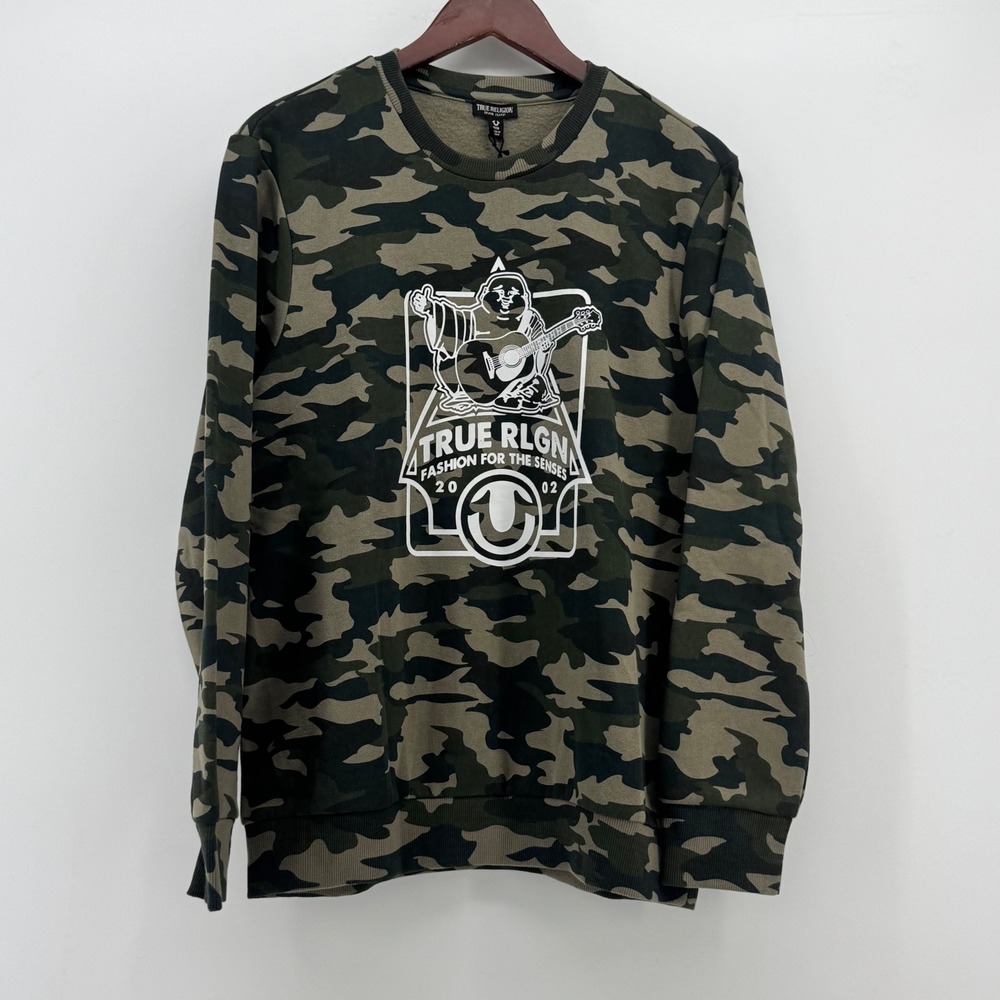 True Religion Mens Buddha Graphic Camo Crewneck Sweatshirt Green 105972 Size M